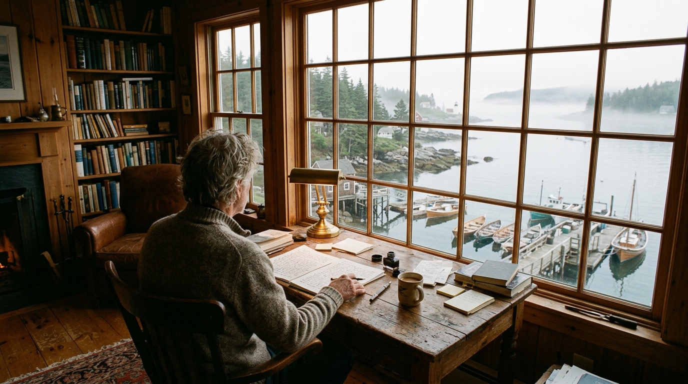 An author writing at a rustic wooden desk in a cozy study, looking out a large multi-pane window at a foggy coastal harbor and wooden boats