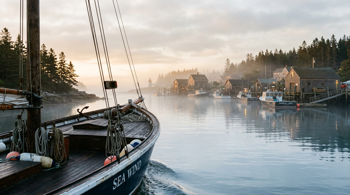 A wooden fishing boat sailing into the morning sea fog of Briar Harbor, Maine at dawn