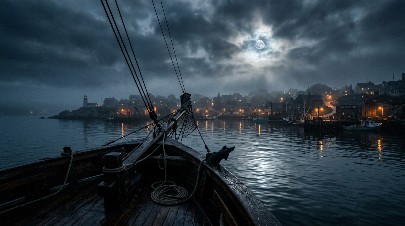 A ship sailing into the moonlit fog of Briar Harbor at night