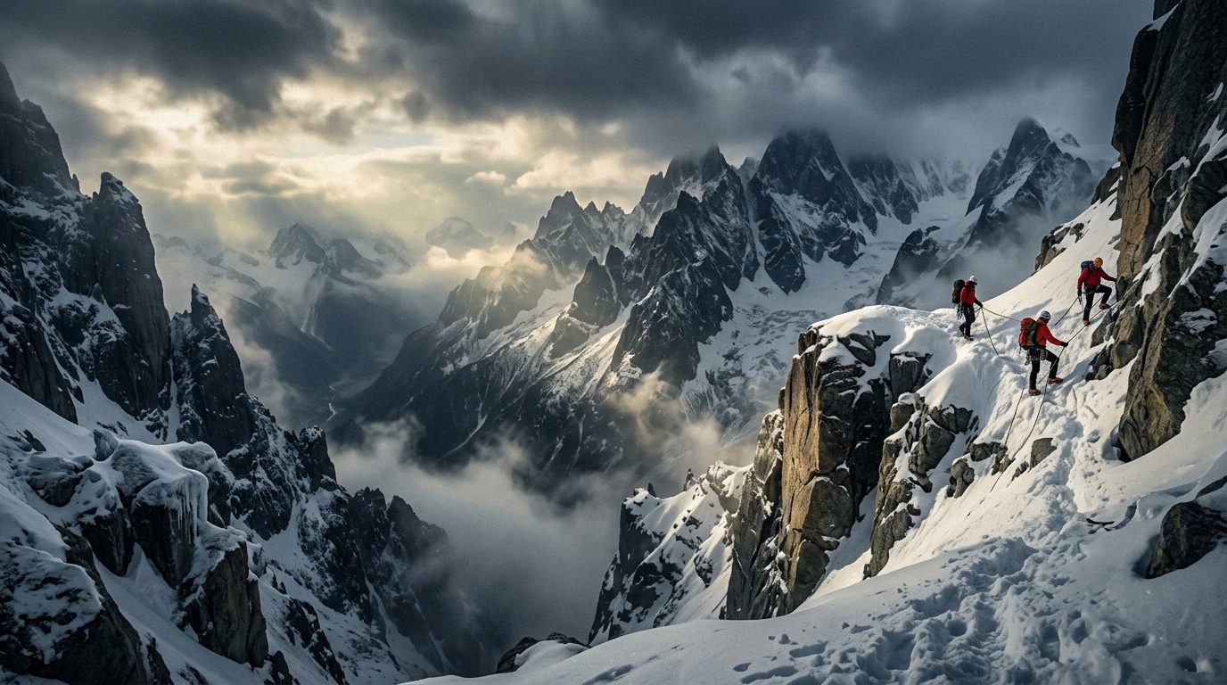 Search and rescue climbers on a snowy alpine granite ridge shrouded in winter mountain fog and dramatic sunbeams