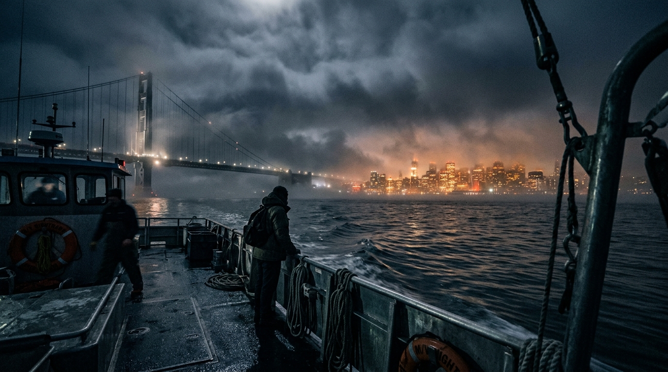 A container ship and patrol boat navigating through coastal fog into San Francisco Bay with the Golden Gate Bridge and city skyline glowing in the mist