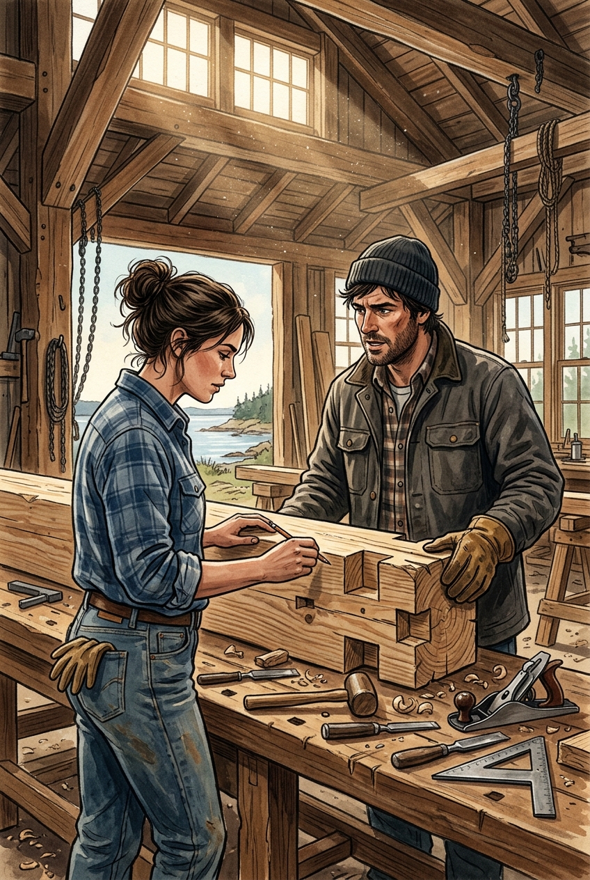 Maeve Sullivan and Calum Vance working inside the coastal timber workshop